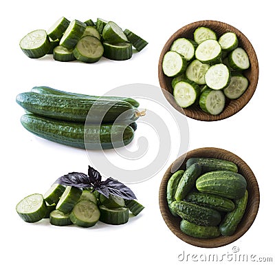 Sliced cucumber isolated on white. Cucumbers with oregano leaf with copy space for text. Ð¡ucumber slices isolated on white Stock Photo